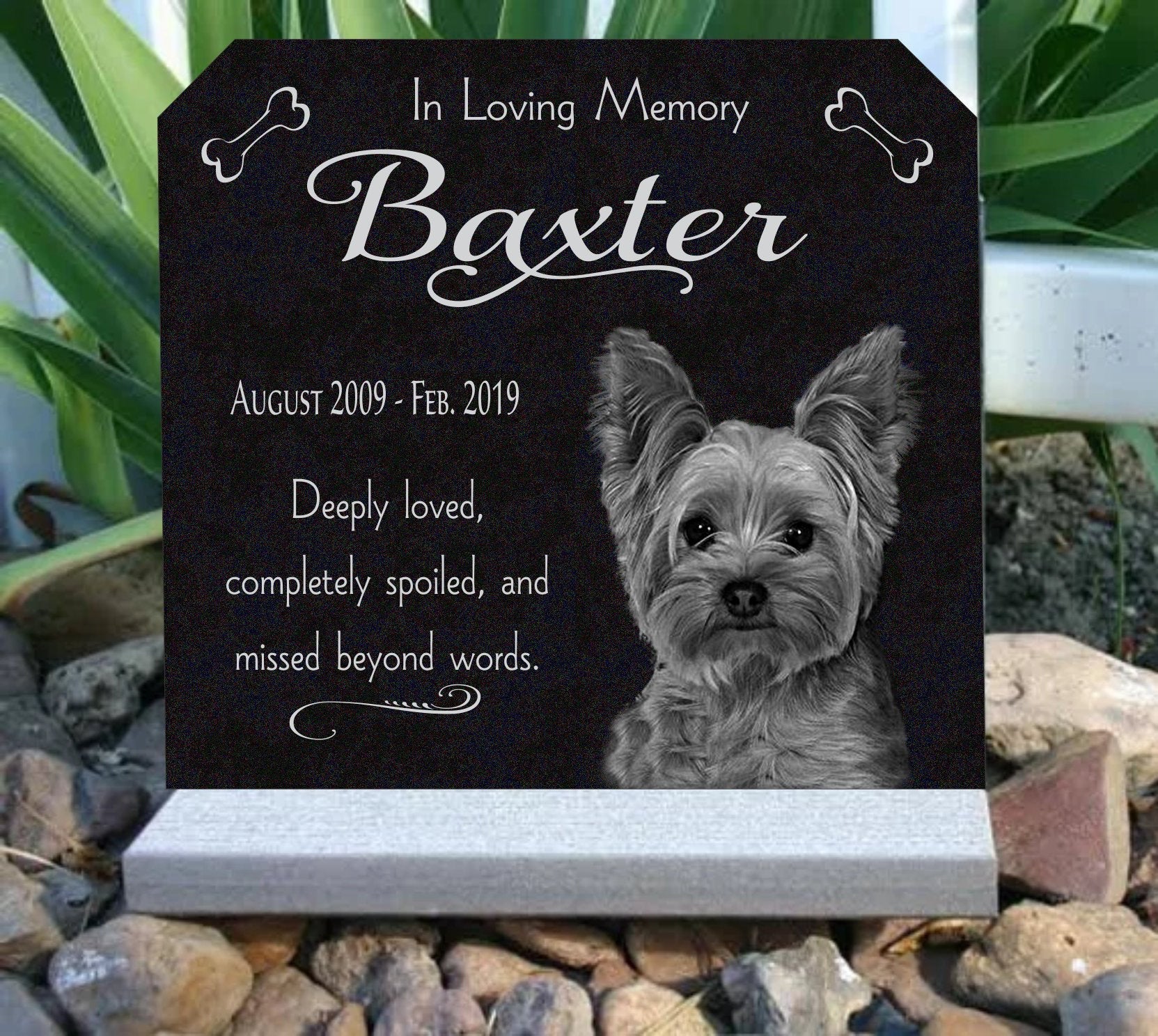 Pet Memorial.Granite Stone Custom Photo Engraved Dog Grave Marker Heavy Base Stand 12x11 inch