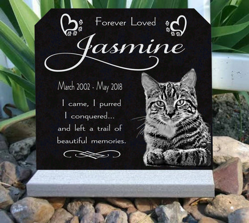 Personalized Pet Memorial Stone Cat Dog Custom Photo Grave Marker Granite Indoor-Outdoor Base Stand Customized Photo.