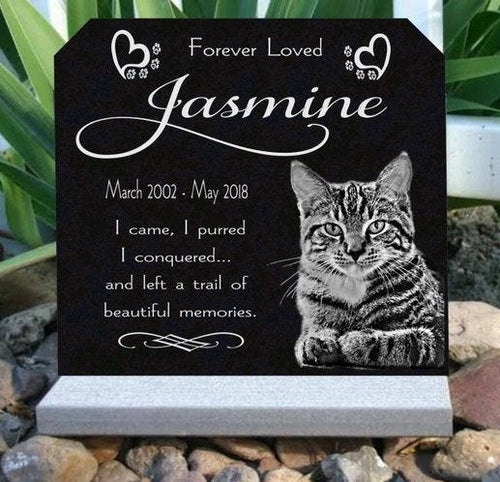 Pet Grave Marker Engraved Pet Memorial Granite Stone with Custom Photo, Heavy Base Stand Indoor Outdoor