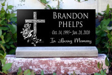 Load image into Gallery viewer, Affordable  Memorial Headstone for Lost Loved One Granite Engraved Monument With Cross and Roses Base Stand Temporary Grave Marker